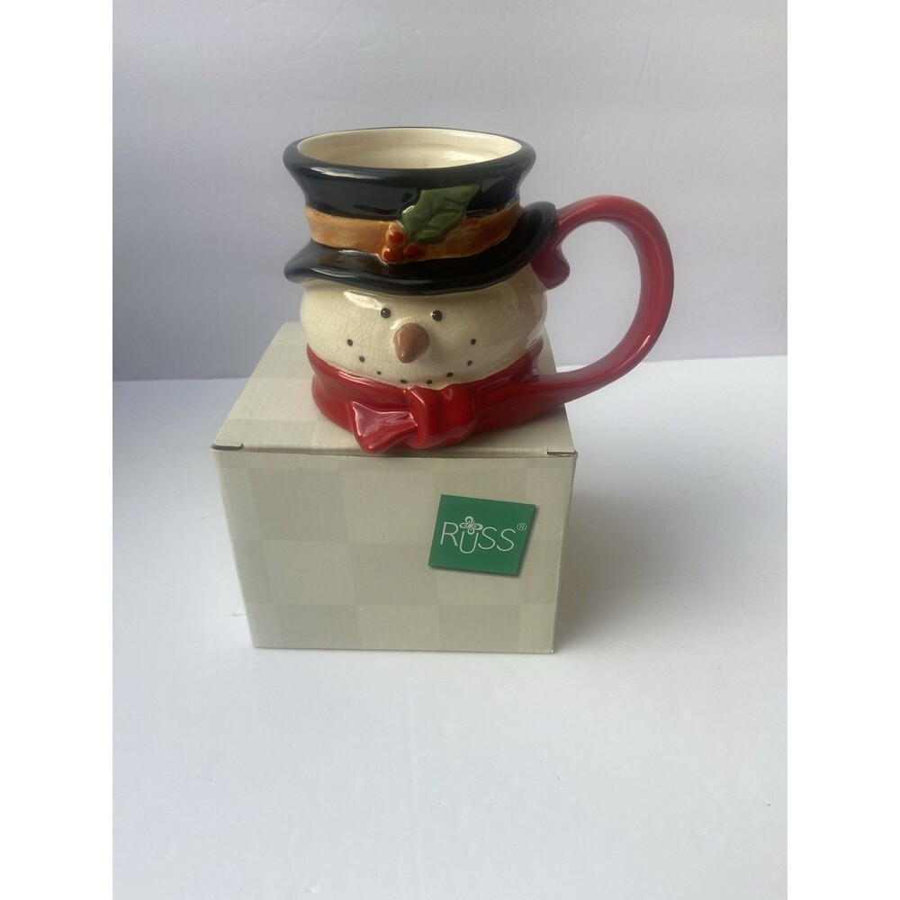 Russ Berrie Snowman Mug 16oz Winter’s Country Home Hand Painted Ceramic w/ Box
